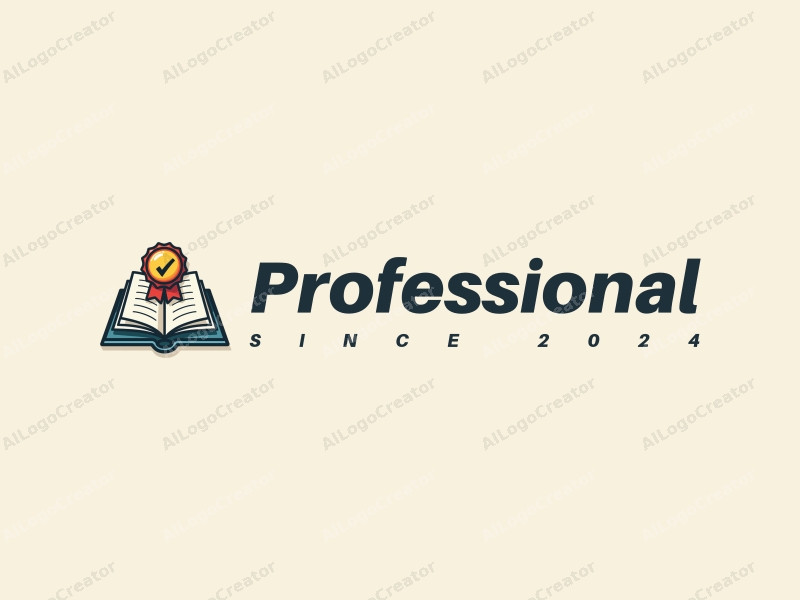 modern design features a stylized book and a badge, incorporating professional and certification elements, combined with a clean background.