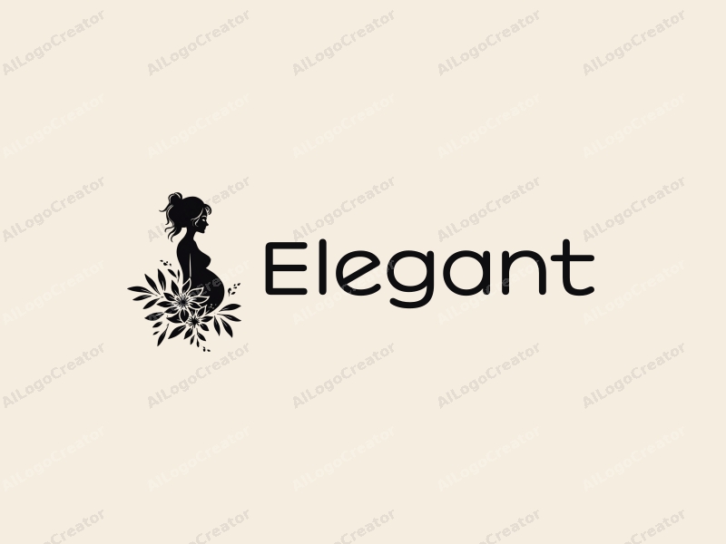 a modern design featuring a stylized silhouette of a pregnant woman intertwined with elegant floral elements, using a black color palette, combined with a clean and minimalistic background.