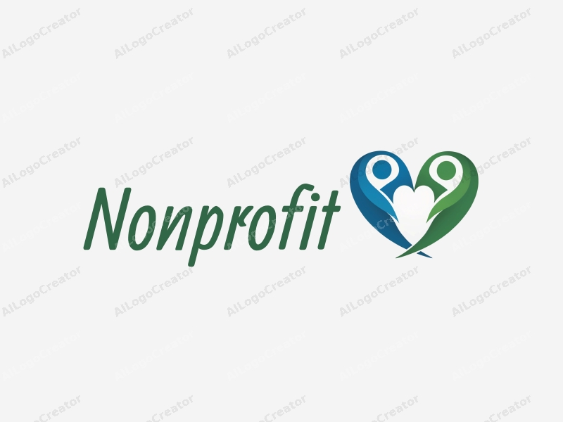 a modern design featuring a heart symbol intertwined with volunteer figures, representing charity and support, using a blue and green color palette, with a clean and harmonious composition.