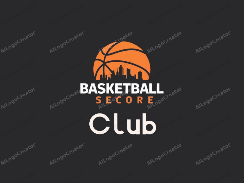 a modern minimalist design featuring a stylized basketball, urban city skyline, and club elements combined with a clean black background.