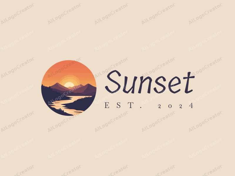 vintage design features a stylized sunset over a beach with mountains in the background, using a harmonious blend of orange and purple colors, combined with a clean and simple layout.