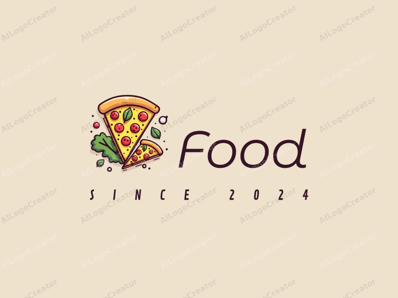 a modern design featuring vibrant colors, a stylized pizza slice and a fresh salad, combined with a clean background and a harmonious composition.