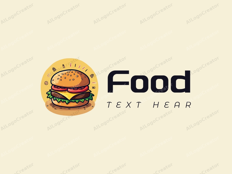 a modern design featuring a colorful burger illustration with playful doodles of various food items, combined with a clean background.