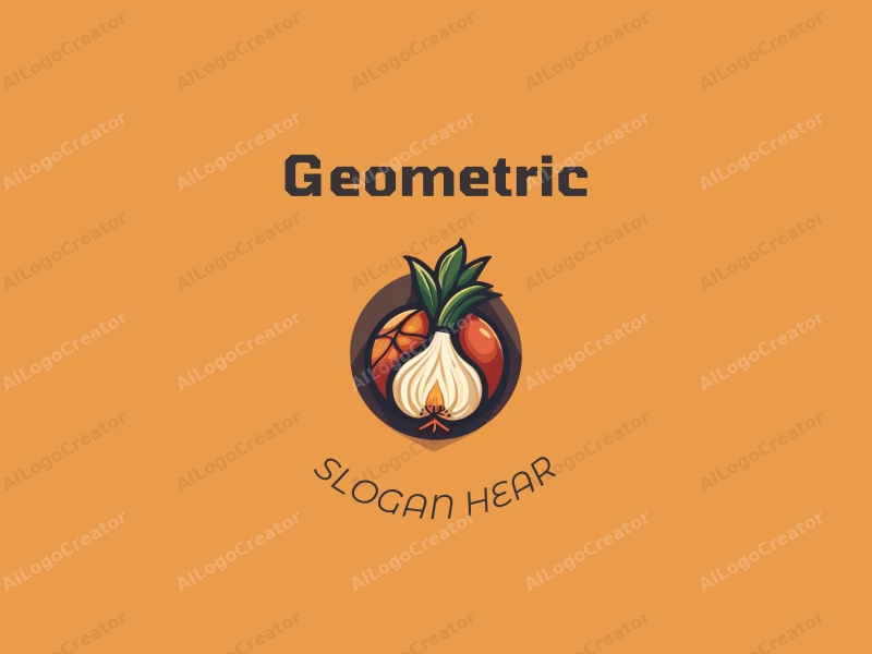 geometric design features a combination of squares and circles, incorporating a stylized basketball and onion, with a clean and minimalistic background.