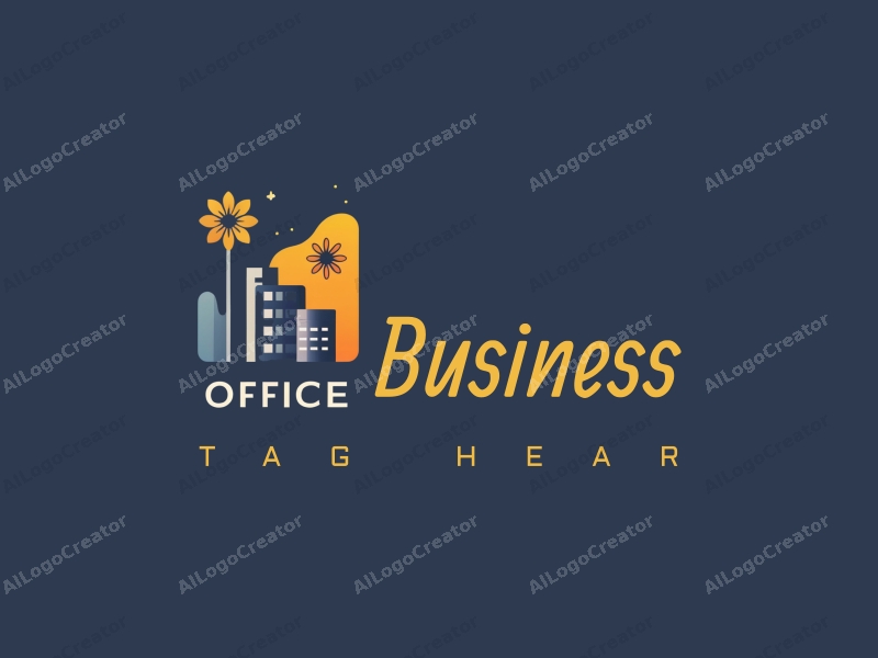 a modern minimalist design featuring a stylized office building, abstract flowers, and a square layout combined with a clean background.