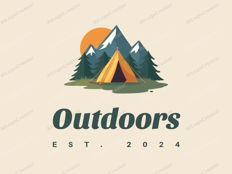 modern design features a stylized camping tent and mountain peak, combined with a clean background and a harmonious composition.