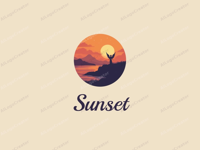 vintage design features a serene sunset over a coastline, an angel silhouette gracefully integrated into the landscape, with a harmonious blend of orange and purple hues against a clean background.