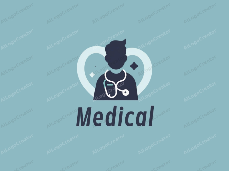 modern design features a stylized hospital silhouette, a doctor figure, a stethoscope intertwined with a heart, combined with a clean background.