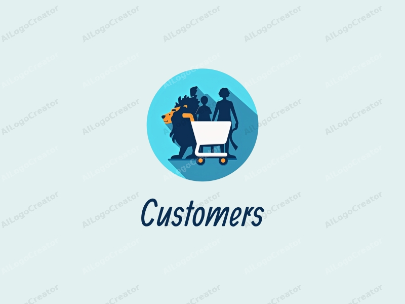 a modern design featuring a stylized shopping cart and a lion, representing strength and loyalty, combined with silhouettes of customers and shoppers, all set against a clean blue background.