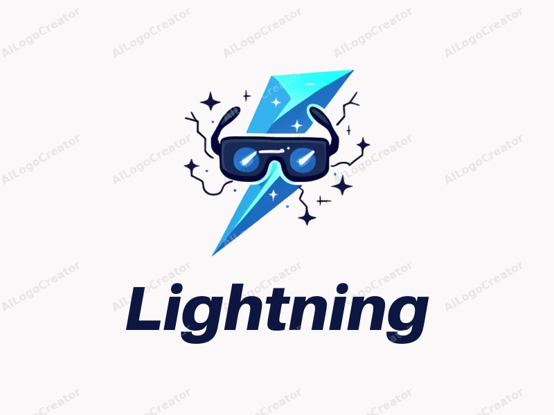 geometric design features a stylized lightning bolt intertwined with electric currents and VR glasses, combined with a clean background.