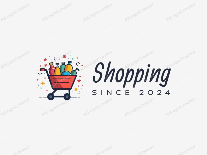 a modern design featuring a colorful shopping cart filled with various products, set against a stylized mall background, emphasizing simplicity and harmony in composition.