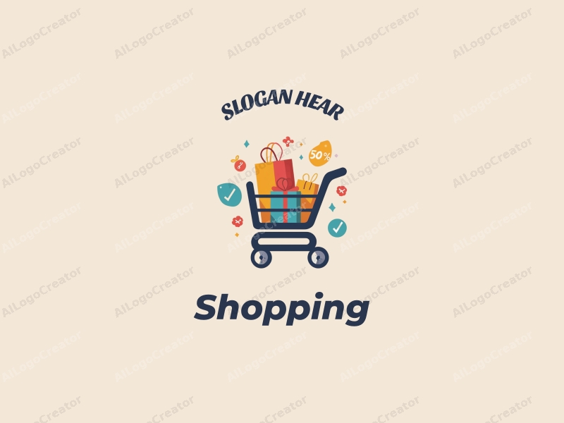 a modern design featuring a colorful shopping cart and a discount tag, combined with elements of a mall, creating a harmonious and clean composition.