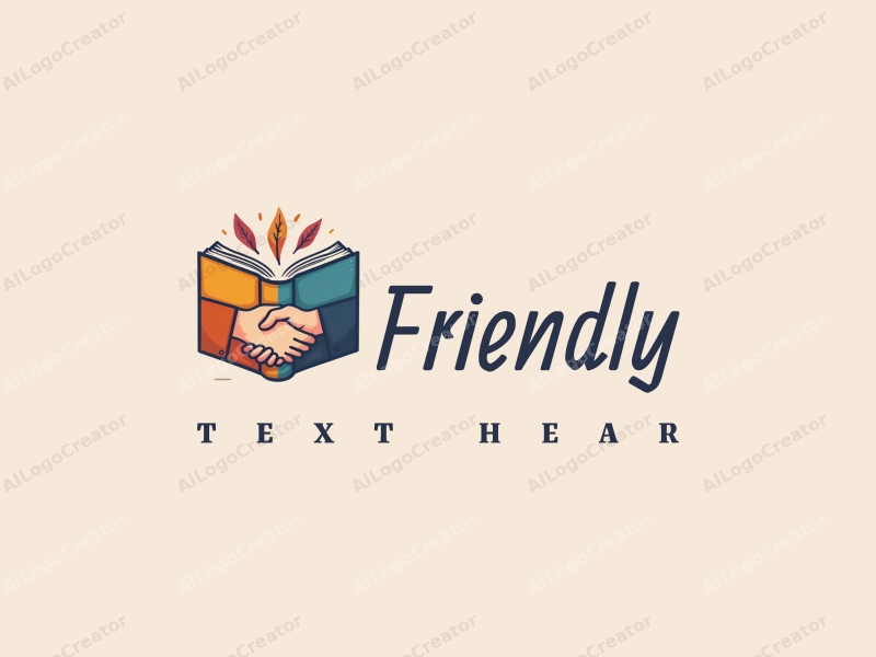 playful design features a stylized book and a handshake, combined with a clean background, emphasizing friendship and community in an educational and social context.