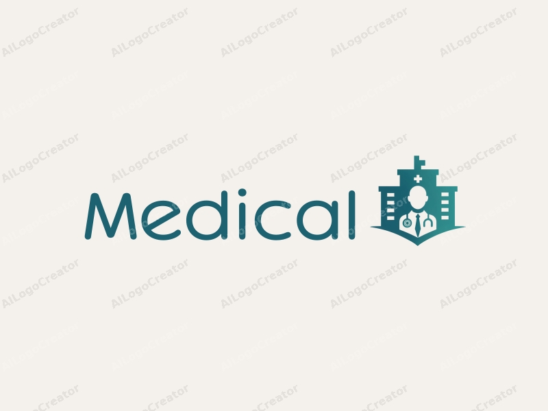 modern design features a stylized hospital silhouette, a doctor figure, and a stethoscope integrated into the composition, combined with a clean background.