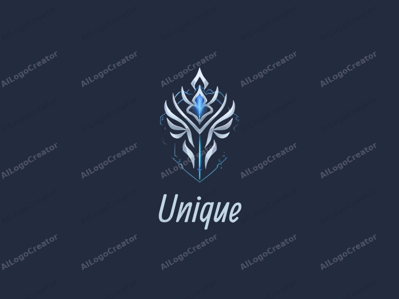 a modern design featuring a stylized emperor figure intertwined with technological elements, utilizing a blue and silver color palette, combined with a clean background and a minimalist approach.