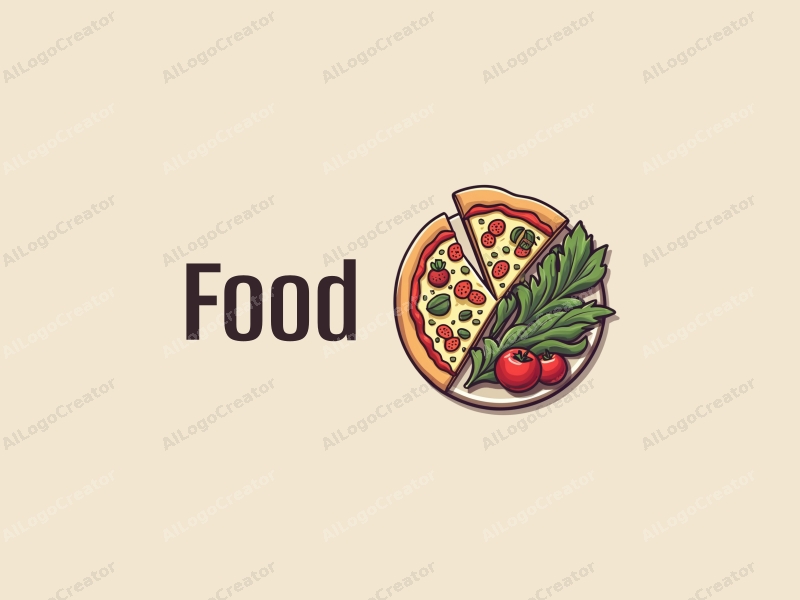 a modern design featuring vibrant colors, a stylized pizza slice and a fresh salad, combined with a clean background and a harmonious composition.