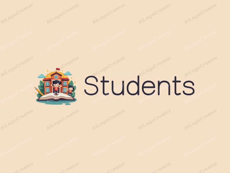 playful design features cheerful students, a stylized school building, open books, and pencils arranged harmoniously with a vibrant background.