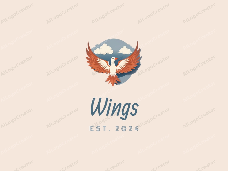 playful design features stylized wings and a bird in flight, surrounded by fluffy clouds, combined with a clean background.