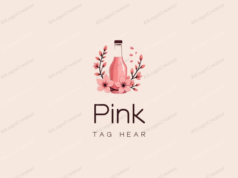 minimalist design features delicate cherry blossoms and petals arranged around a stylized bottle, combined with a clean background.