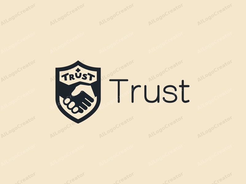 modern design features a stylized shield symbolizing trust and safety, combined with a handshake motif, using a clean background and harmonious composition.