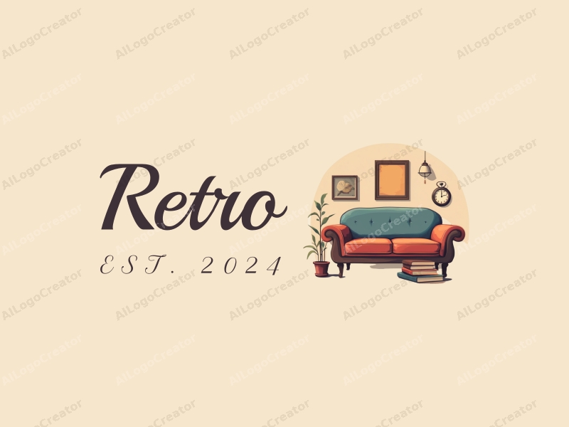 vintage design features a retro sofa, a retro poster, a vintage clock, and classic books, combined with a clean background.