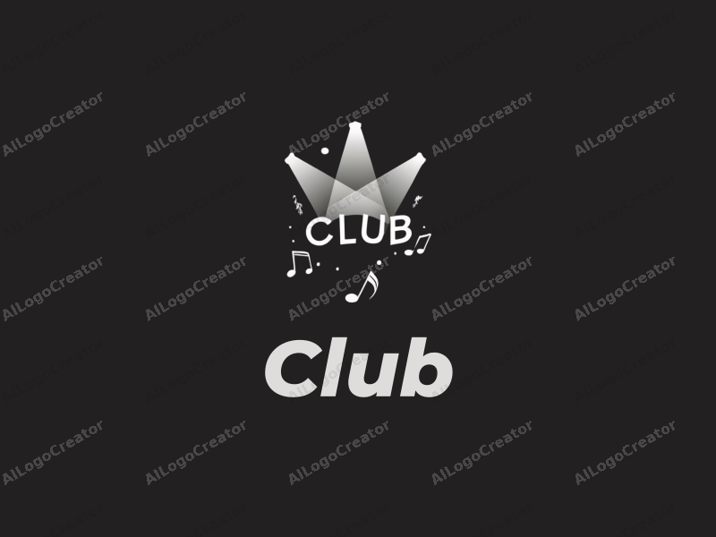 a modern minimalist design featuring a stylized club scene with social elements, spotlight beams illuminating musical notes, combined with a clean black background.