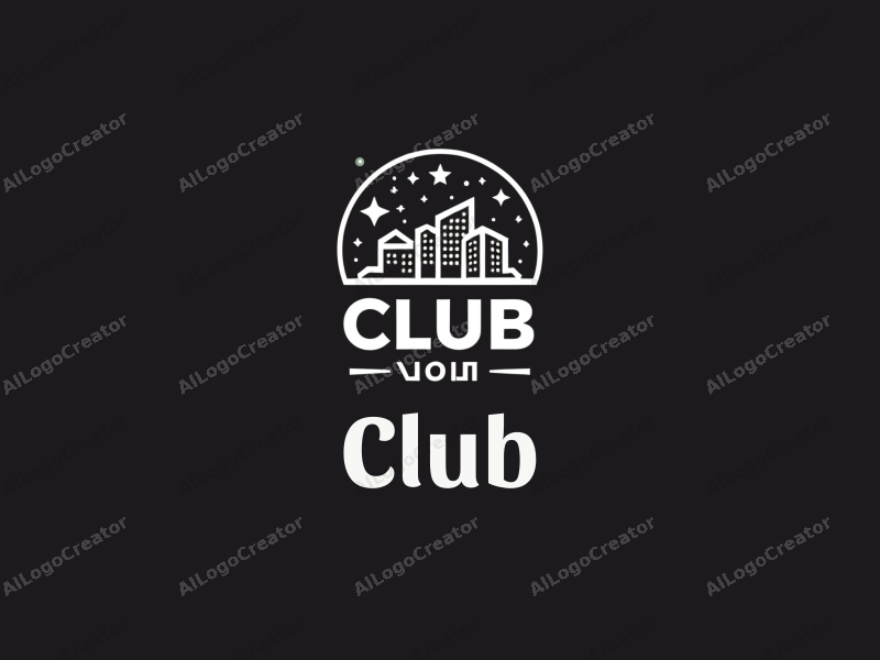 a modern design featuring a stylized club scene with social elements, stars, and music symbols, combined with a clean black background.