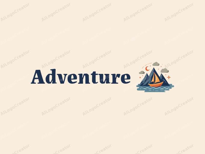 playful design features stylized mountain peaks and sailing elements, combined with a clean background and a sense of adventure.