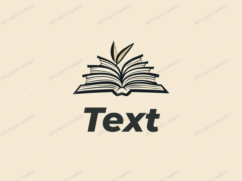 modern design features stylized text and font, an abstract representation of books and a pen, combined with a clean background.