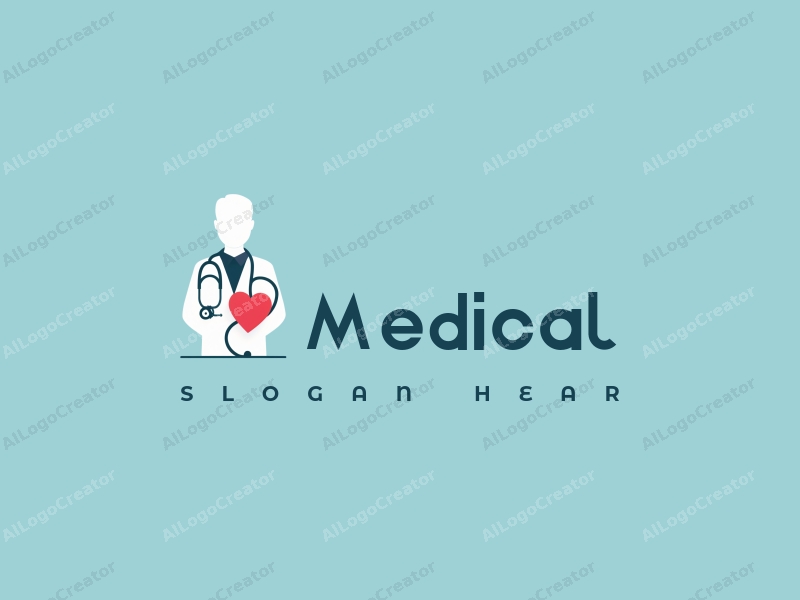 modern design features a stylized hospital silhouette, a doctor figure, a stethoscope intertwined with a heart, combined with a clean background.