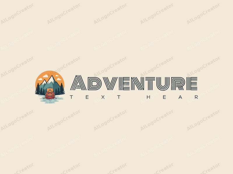 playful design features stylized mountains, a whimsical backpack, and adventure elements combined with a clean background.