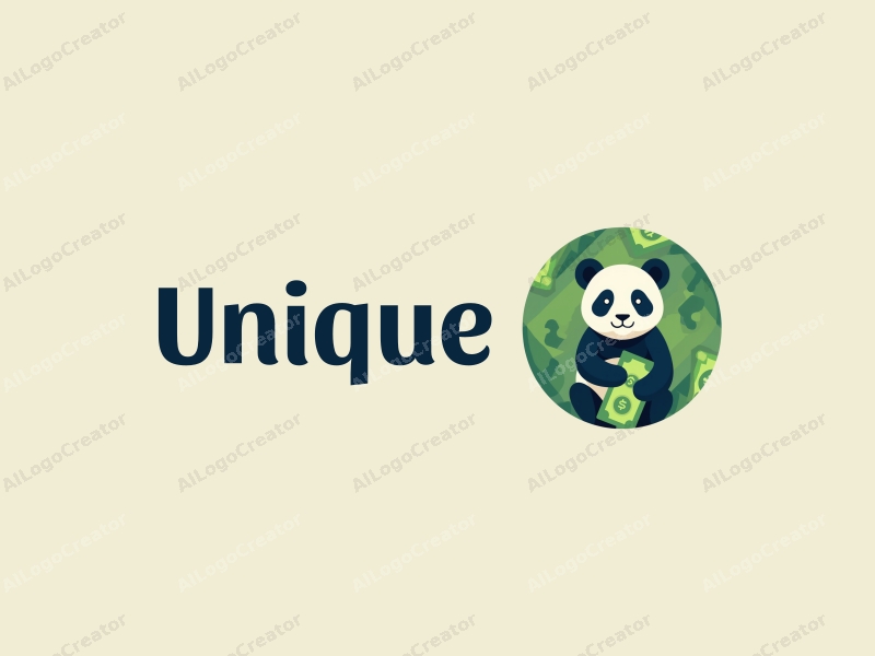 modern design features a stylized panda intertwined with green dollar bills, utilizing a clean and clear approach combined with a harmonious blue and green color palette.