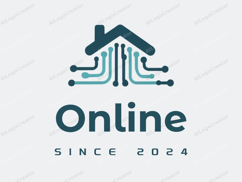 a modern minimalist design featuring interconnected circuits and a stylized house silhouette, combined with a clean background in blue and green tones.