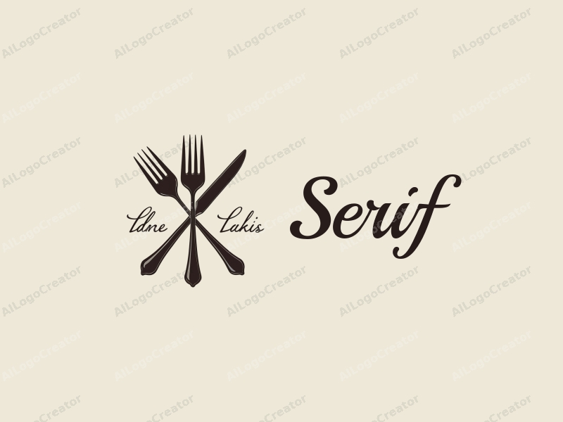 vintage design features elegant serif fonts, a stylized fork and knife crossed, a wine glass, combined with a clean background.