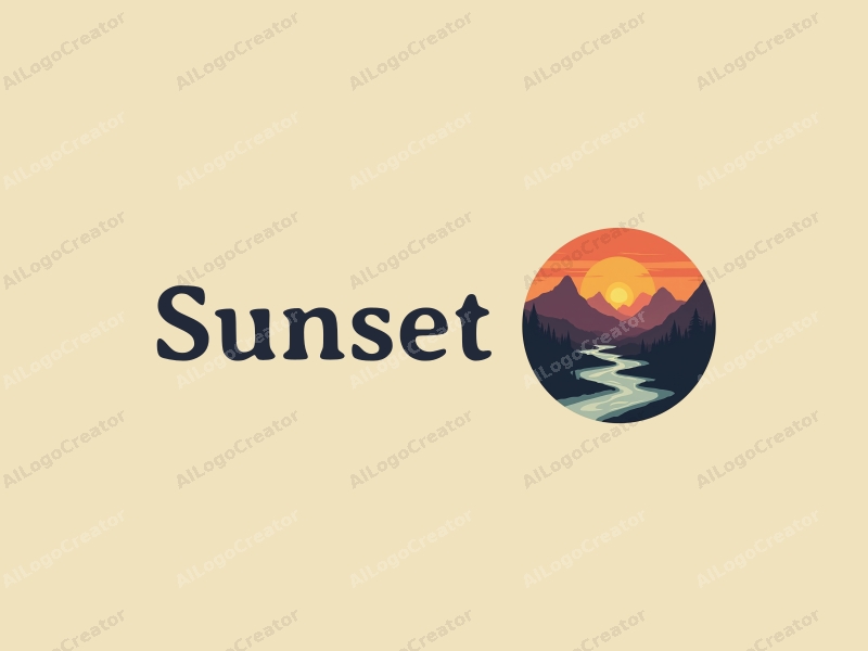 vintage design features a stylized sunset over mountains and a river, with a harmonious blend of orange and purple colors, creating a serene and artistic atmosphere.