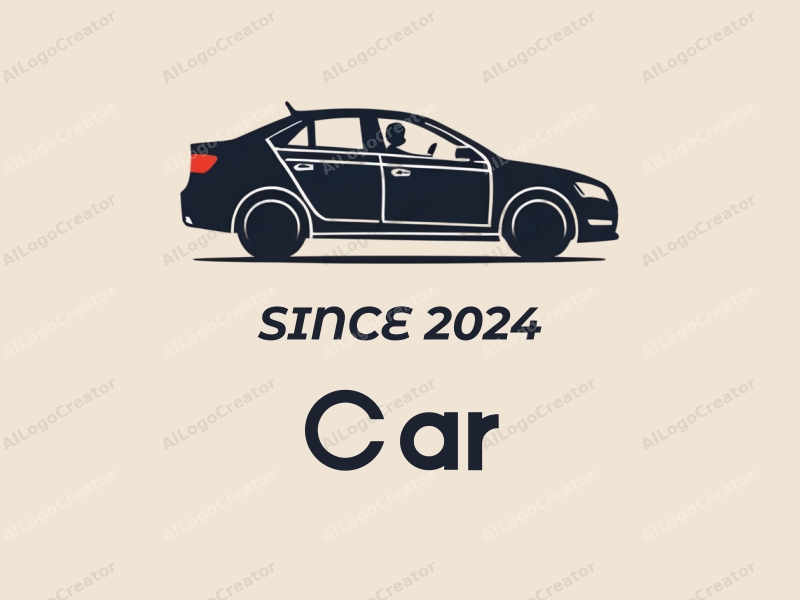 modern design features a sleek sedan silhouette, a stylized driver holding a steering wheel, combined with a clean background and a focus on simplicity and abstraction.