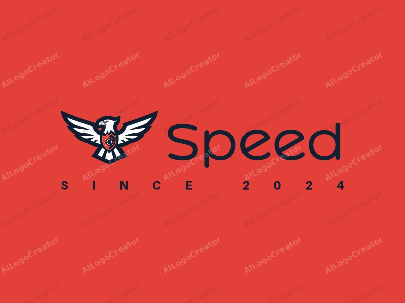 a modern design featuring a stylized eagle in flight, symbolizing speed and power, combined with an abstract representation of an engine, all set against a clean red background.