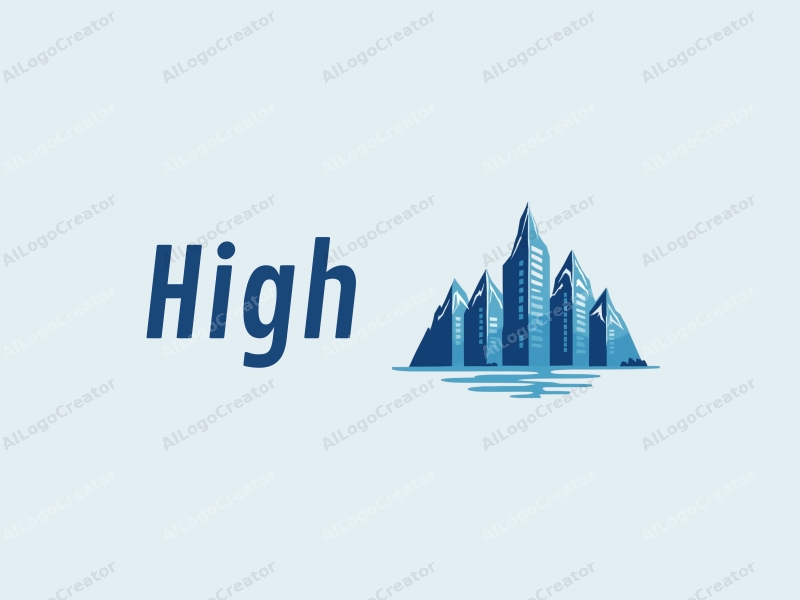 a modern design featuring towering mountains and skyscrapers, with a blue color palette, emphasizing height and grandeur, combined with a clean and simple background.