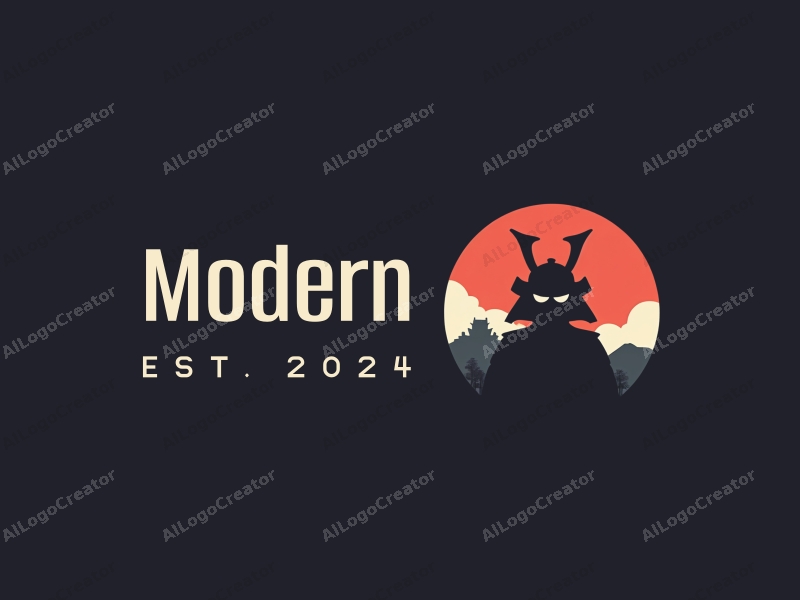 minimalist design features a stylized samurai silhouette and a simplified castle structure, combined with an innovative approach and a clean background.