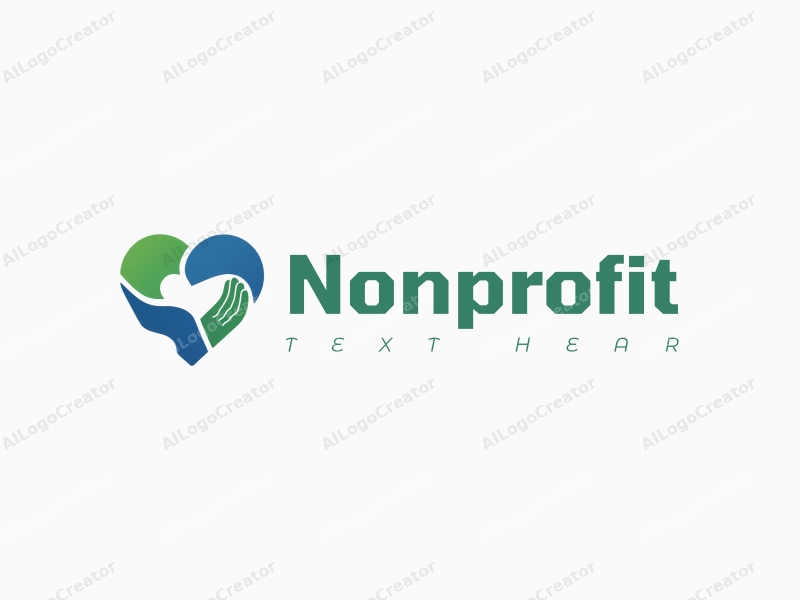 modern design features a heart shape integrated with a hand palm, symbolizing charity and volunteer work, using blue and green colors combined with a clean background.