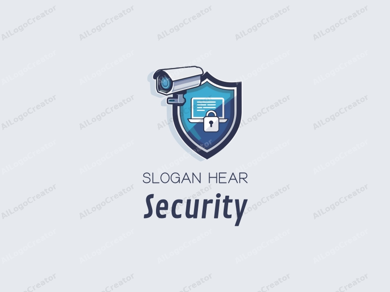 minimalist design features a protective shield, a stylized surveillance camera, a monitoring screen, and a security lock combined with a clean background.