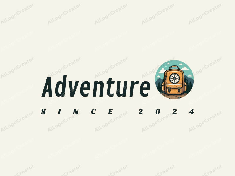 playful design features a stylized compass and backpack, symbolizing adventure and exploration, combined with a clean background.