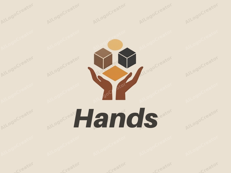 a modern minimalist design featuring a stylized hand grasping a cube and a hexagon, with a clean background in skin tone colors.