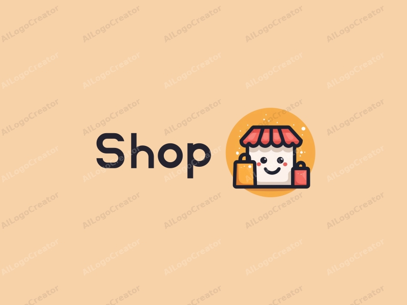 a modern design featuring a stylized shop front, a cheerful smile, and a shopping bag, combined with a clean background.