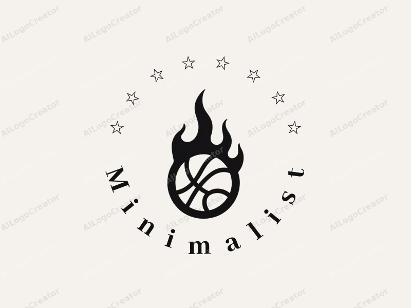 minimalist design features a stylized basketball intertwined with a flame, using clean lines and a black and white color scheme, combined with a tag style approach against a simple background.