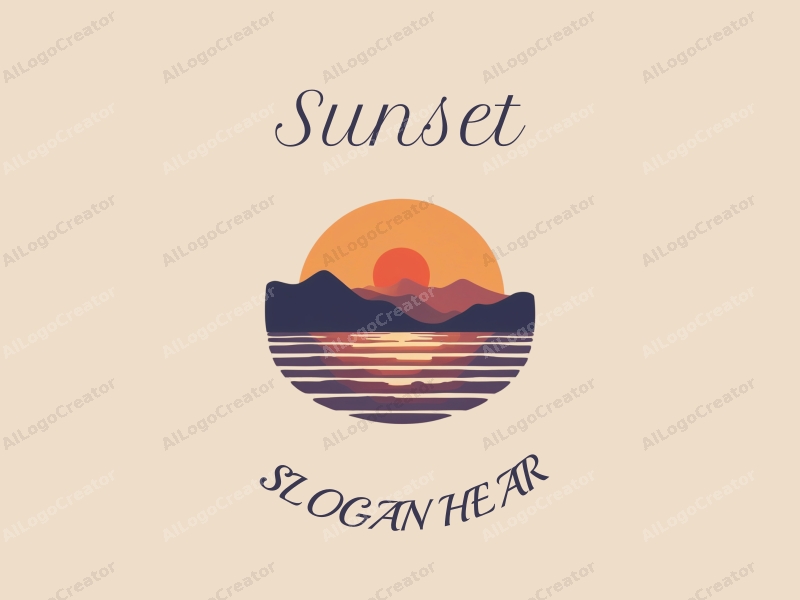 vintage design features a stylized sunset over the ocean with mountains in the background, incorporating warm orange and purple hues, combined with a clean and harmonious layout.