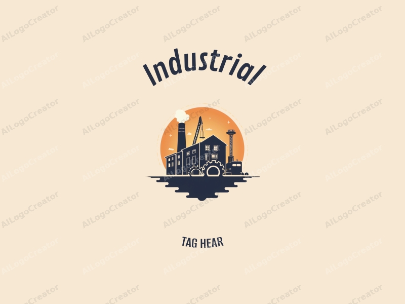 modern design features a stylized factory silhouette, interlocking gears, and a crane, combined with a clean background.