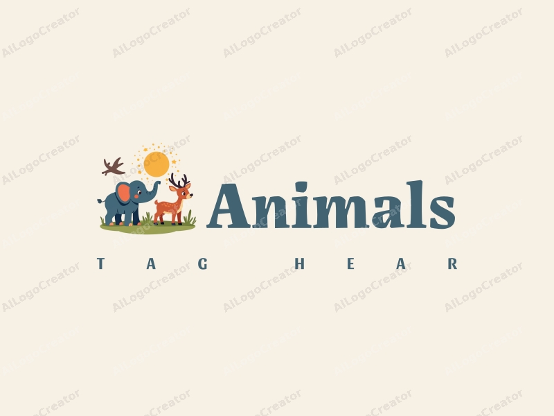 playful design features a small elephant and a small deer in a vibrant, colorful setting, incorporating elements of wildlife and education, with a clean and harmonious background.