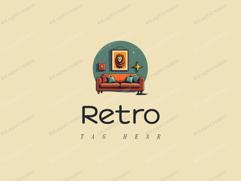 vintage design features a retro sofa and a retro poster, combined with a stylized lion and an energy icon, set against a clean background.