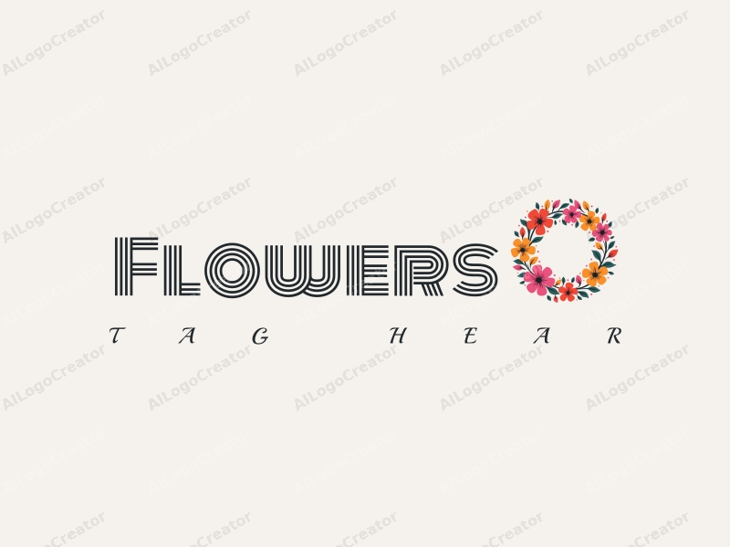 playful design features vibrant flowers and petals arranged in a circular wreath, complemented by playful leaves, all set against a clean background.